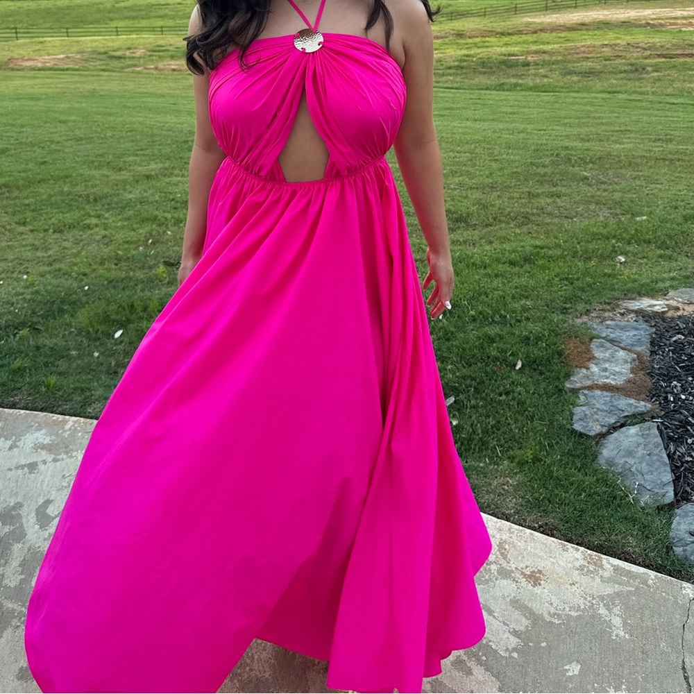 STAUD Hot Pink Halter Cutout Maxi Dress